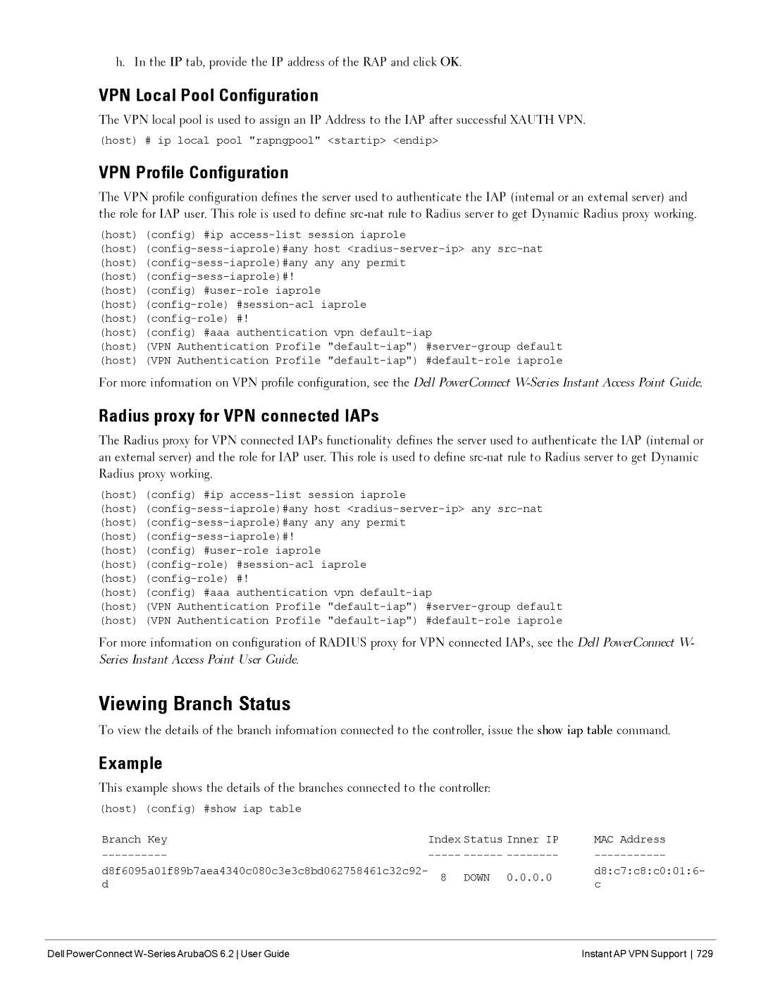 Dell 6.2 manual Viewing Branch Status, VPN Local Pool Configuration, VPN Profile Configuration, Example 