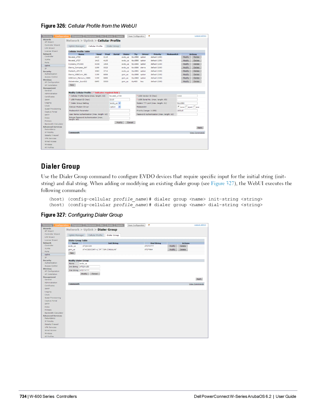 Dell 6.2 manual Dialer Group, Cellular Profile from the WebUI 