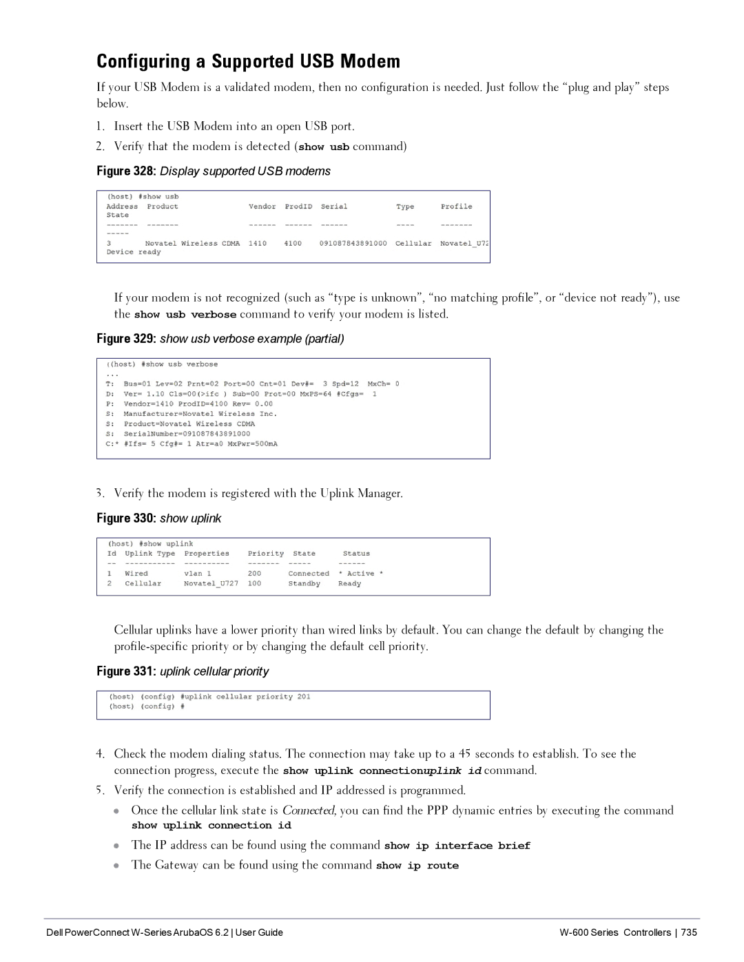 Dell 6.2 manual Configuring a Supported USB Modem, Verify the modem is registered with the Uplink Manager 