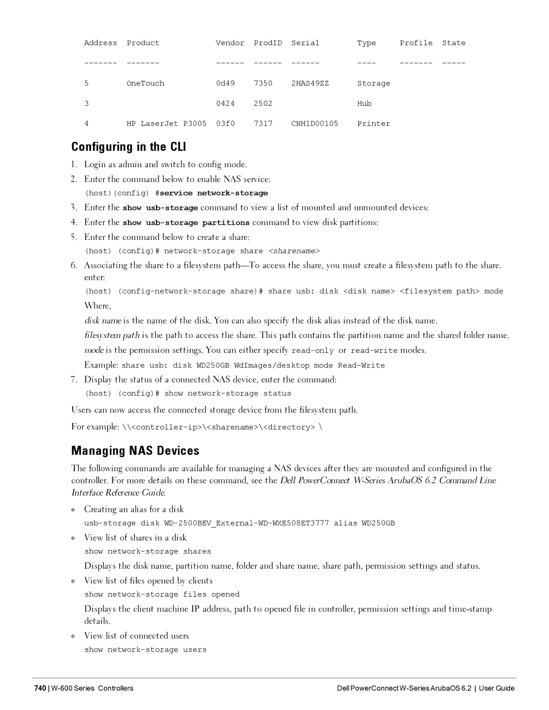 Dell 6.2 manual Configuring in the CLI, Managing NAS Devices, View list of shares in a disk 