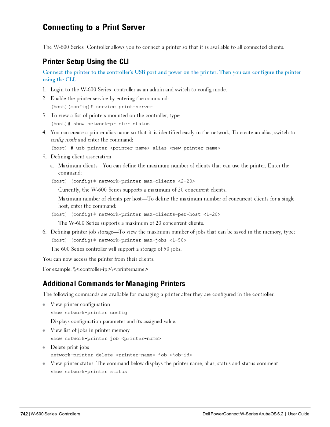 Dell 6.2 manual Connecting to a Print Server, Printer Setup Using the CLI, Additional Commands for Managing Printers 