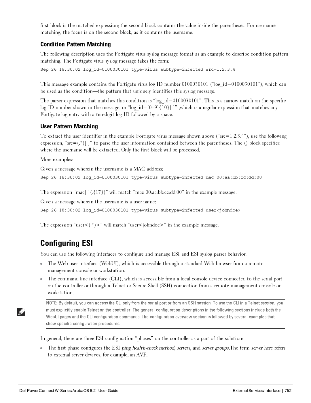 Dell 6.2 manual Configuring ESI, Condition Pattern Matching, User Pattern Matching 