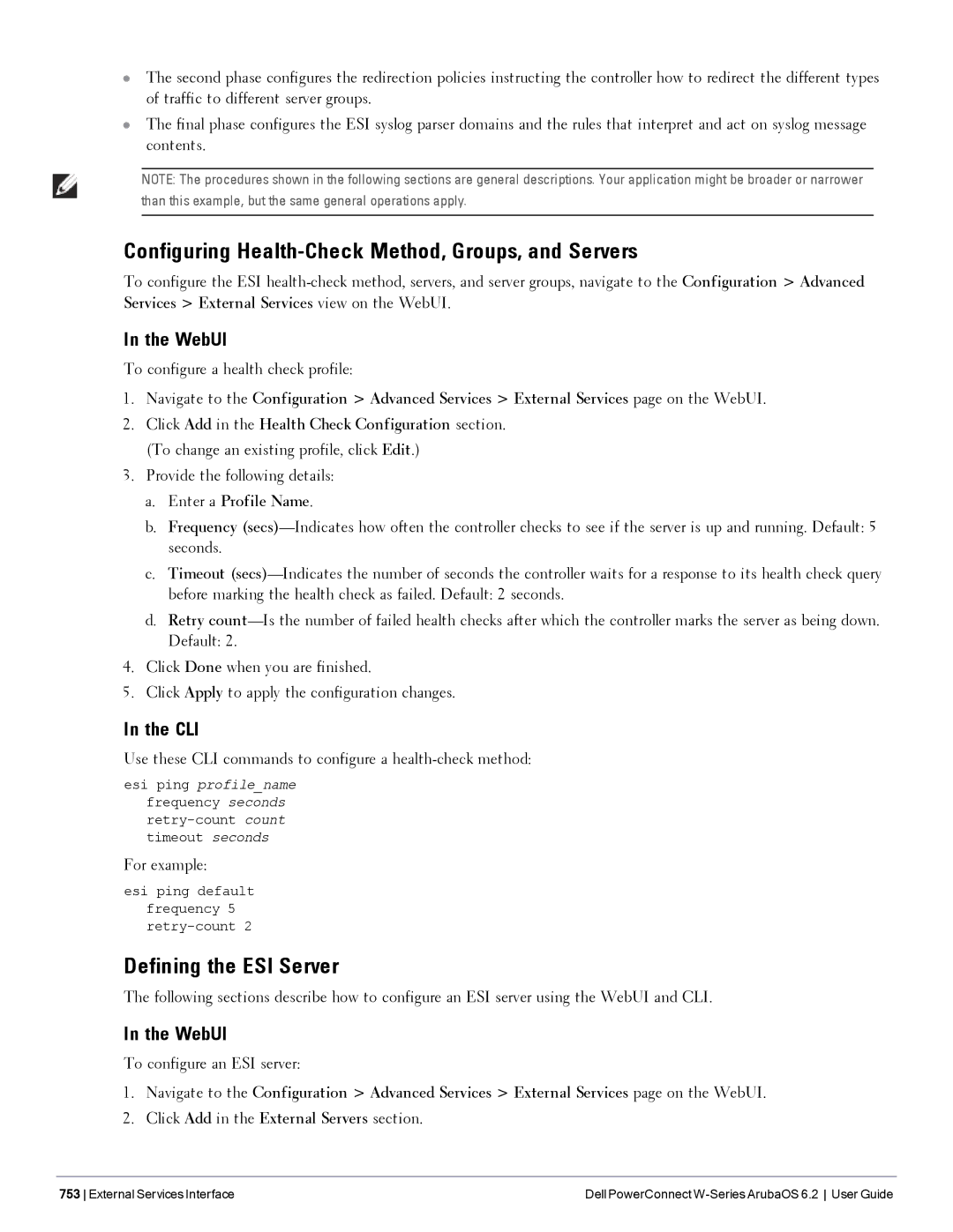 Dell 6.2 manual Configuring Health-Check Method, Groups, and Servers, Defining the ESI Server, Enter a Profile Name 