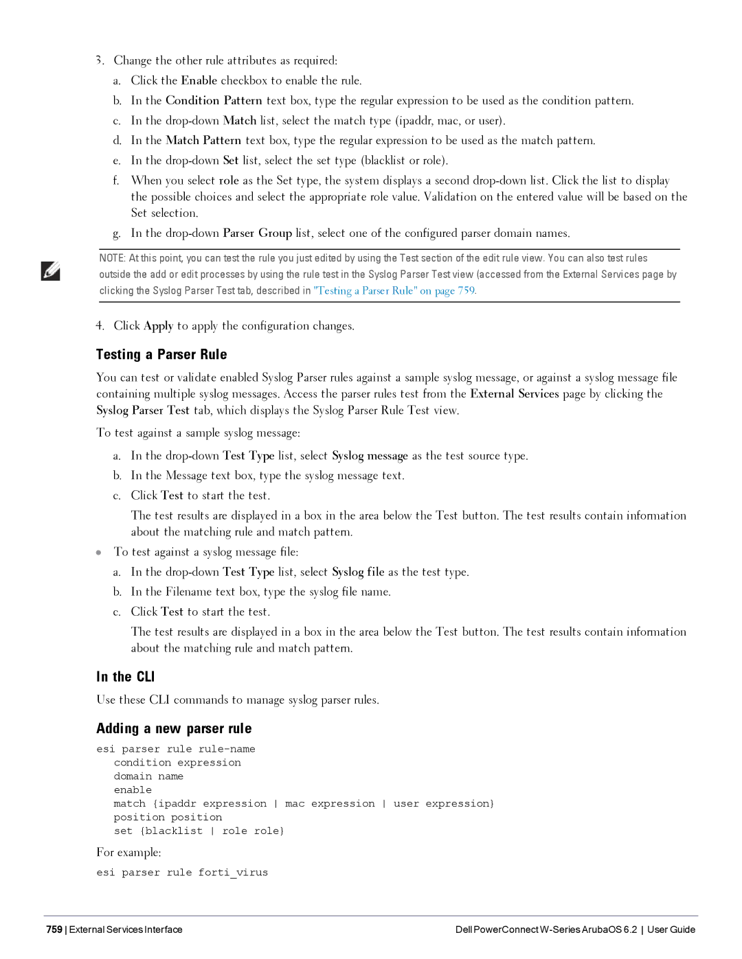 Dell 6.2 manual Testing a Parser Rule, Use these CLI commands to manage syslog parser rules 