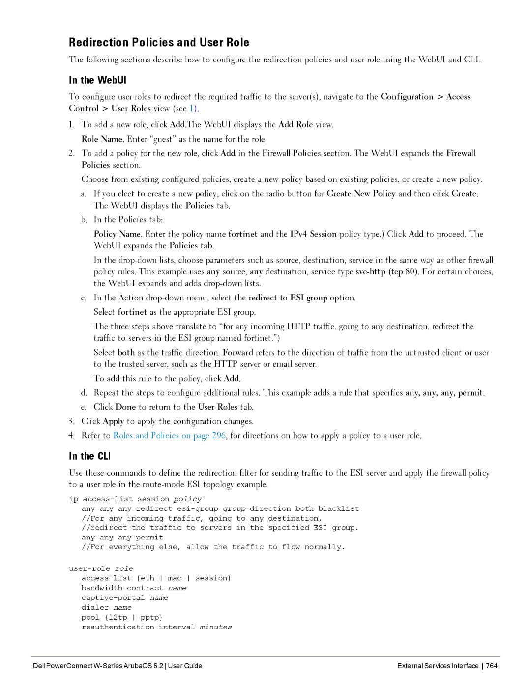 Dell 6.2 manual Redirection Policies and User Role 