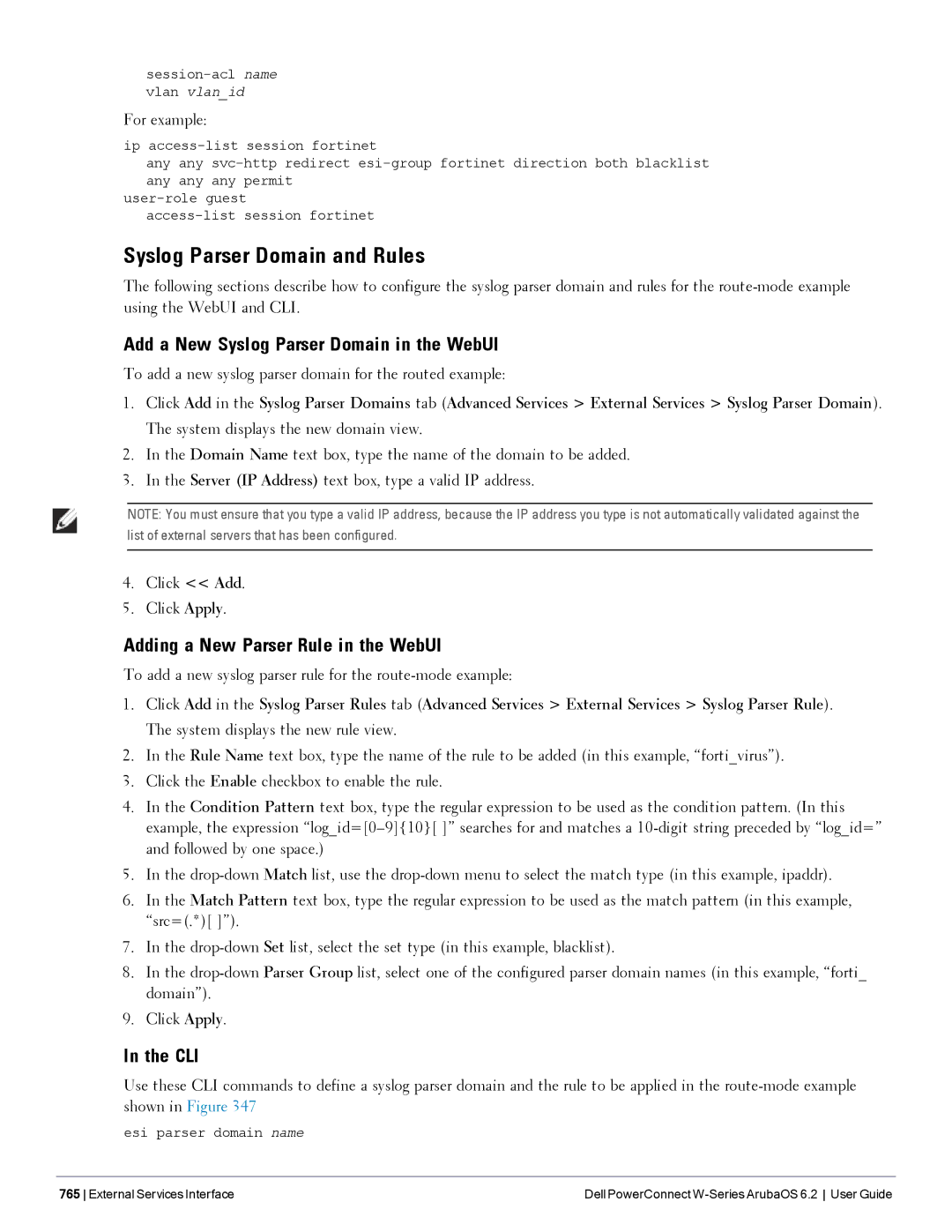 Dell 6.2 manual Syslog Parser Domain and Rules, Add a New Syslog Parser Domain in the WebUI 