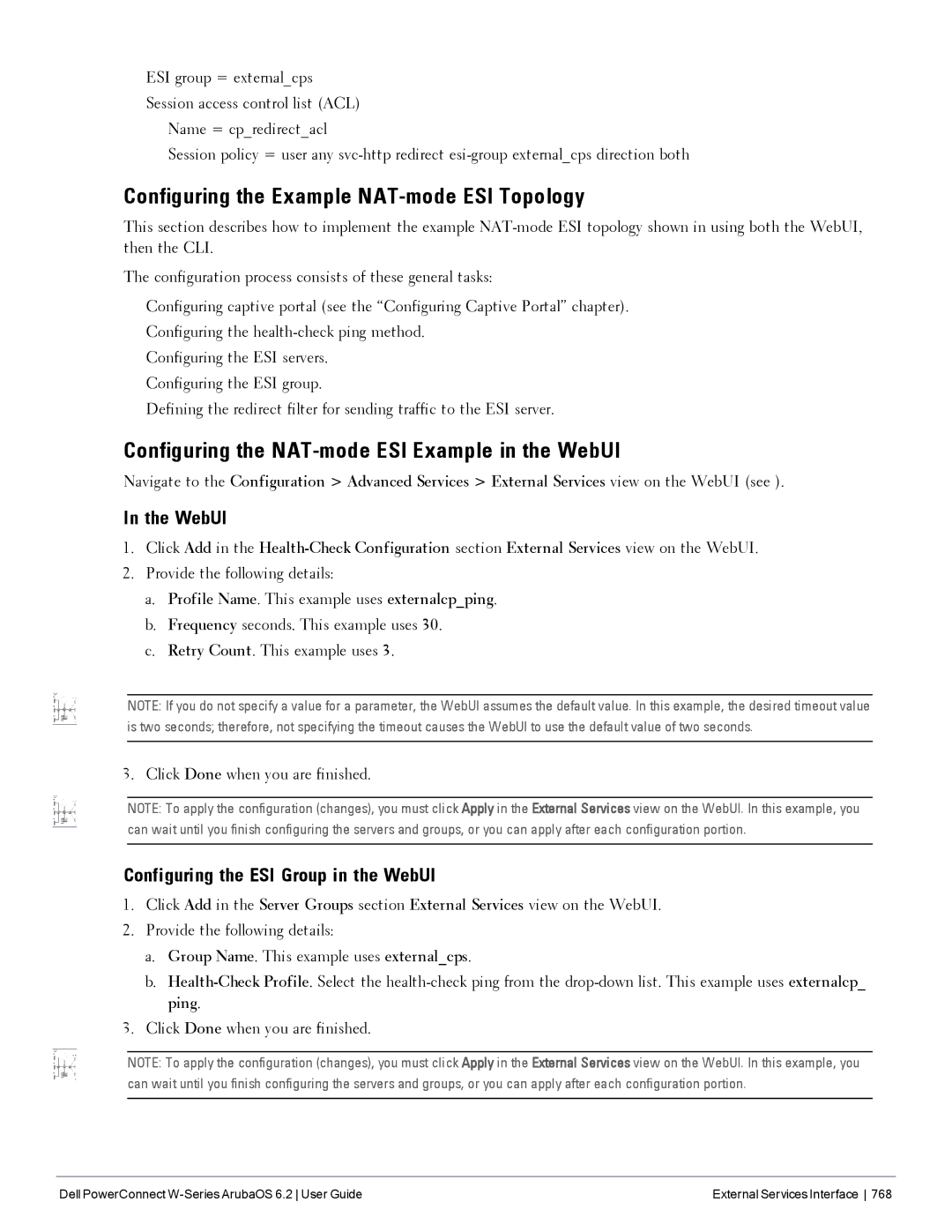 Dell 6.2 manual Configuring the Example NAT-mode ESI Topology, Configuring the NAT-mode ESI Example in the WebUI 