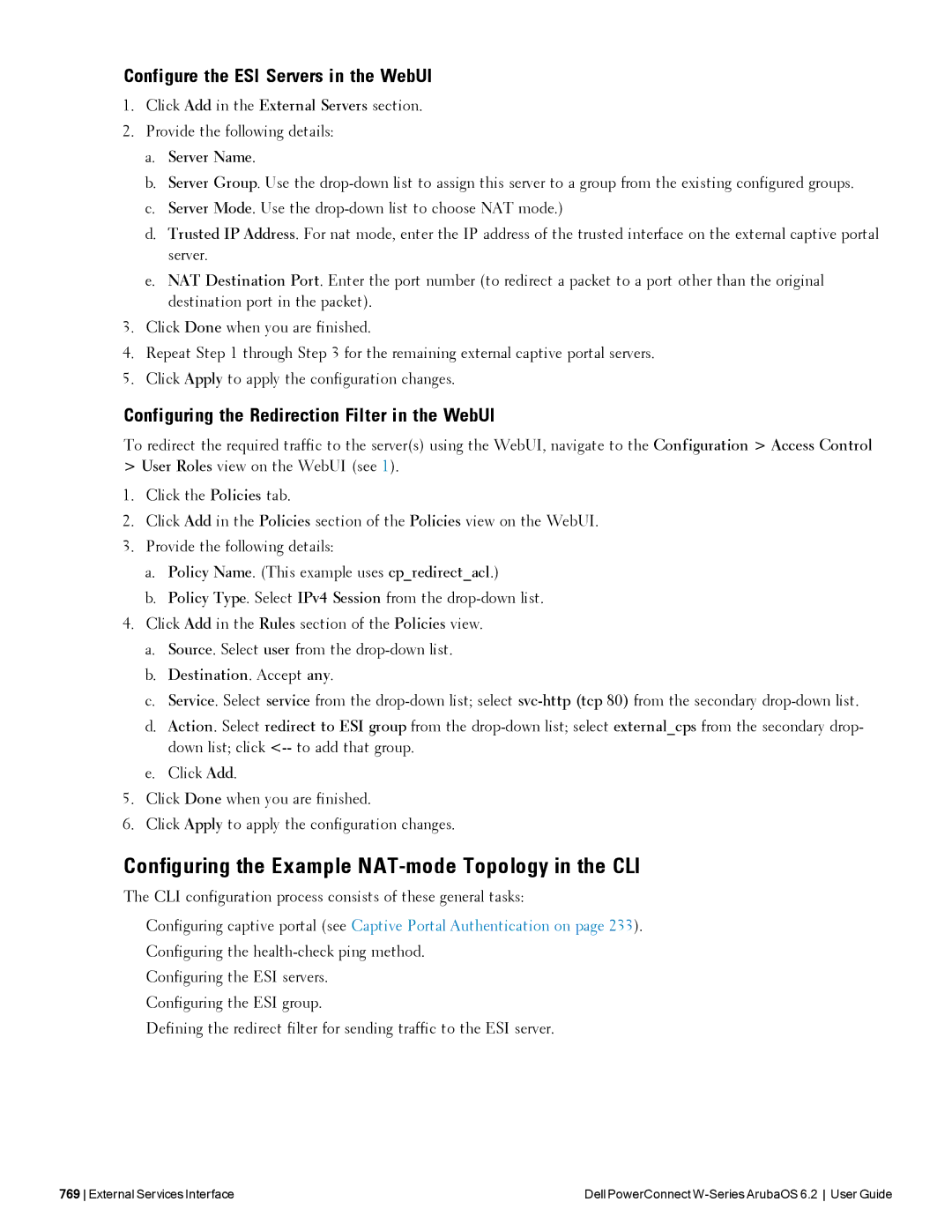 Dell 6.2 manual Configuring the Example NAT-mode Topology in the CLI, Configure the ESI Servers in the WebUI 