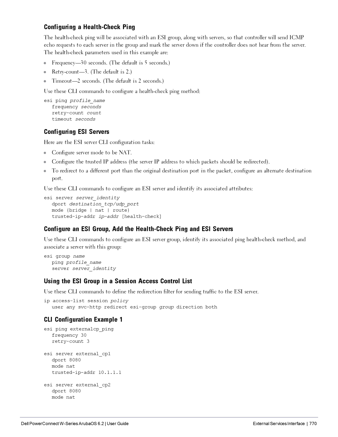 Dell 6.2 Configuring a Health-Check Ping, Configuring ESI Servers, Using the ESI Group in a Session Access Control List 