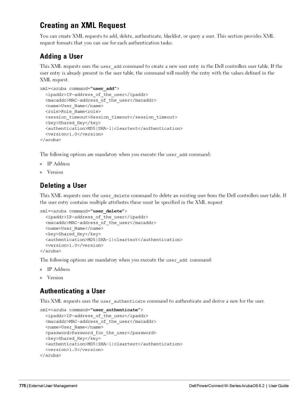 Dell 6.2 manual Creating an XML Request, Adding a User, Deleting a User, Authenticating a User 