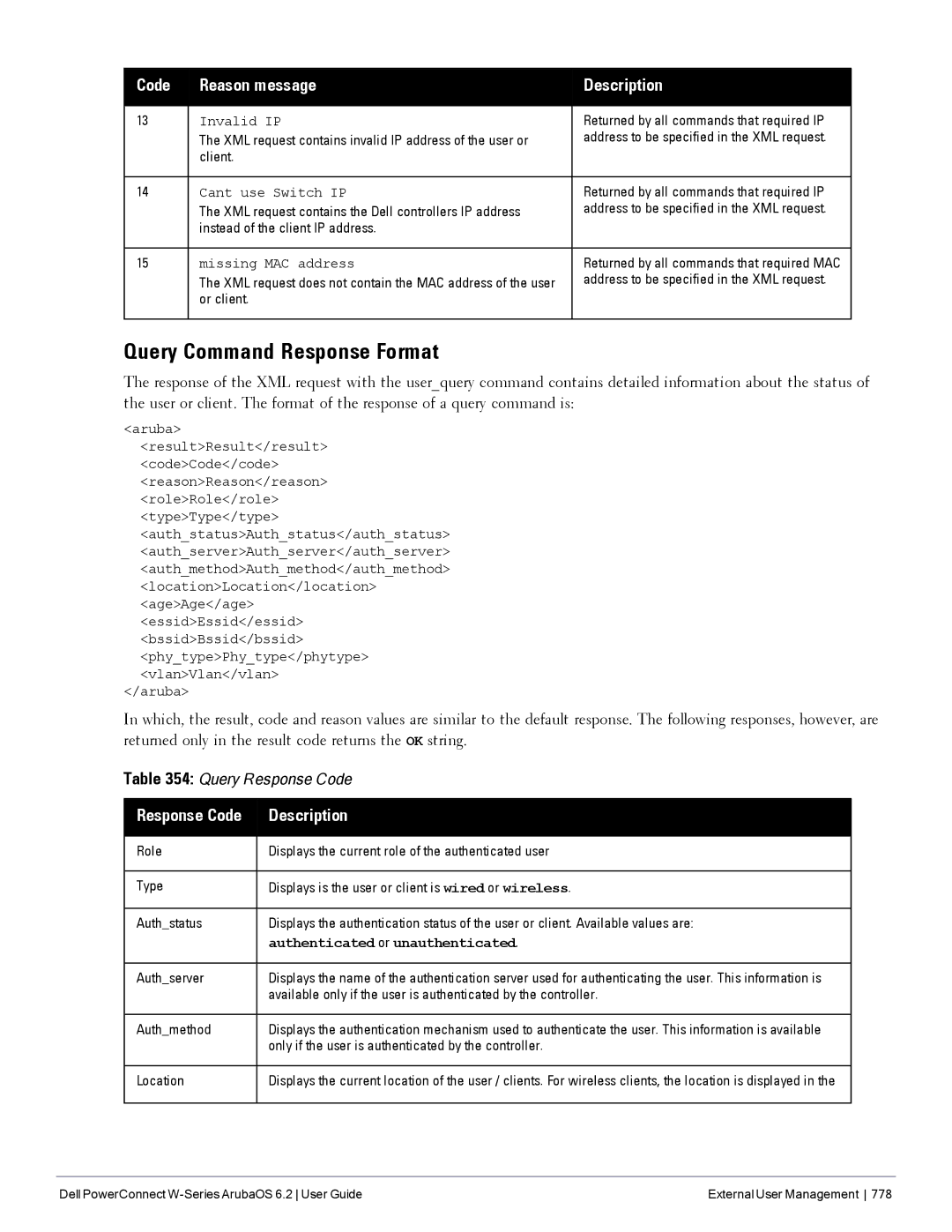 Dell 6.2 manual Query Command Response Format, Code Reason message Description 