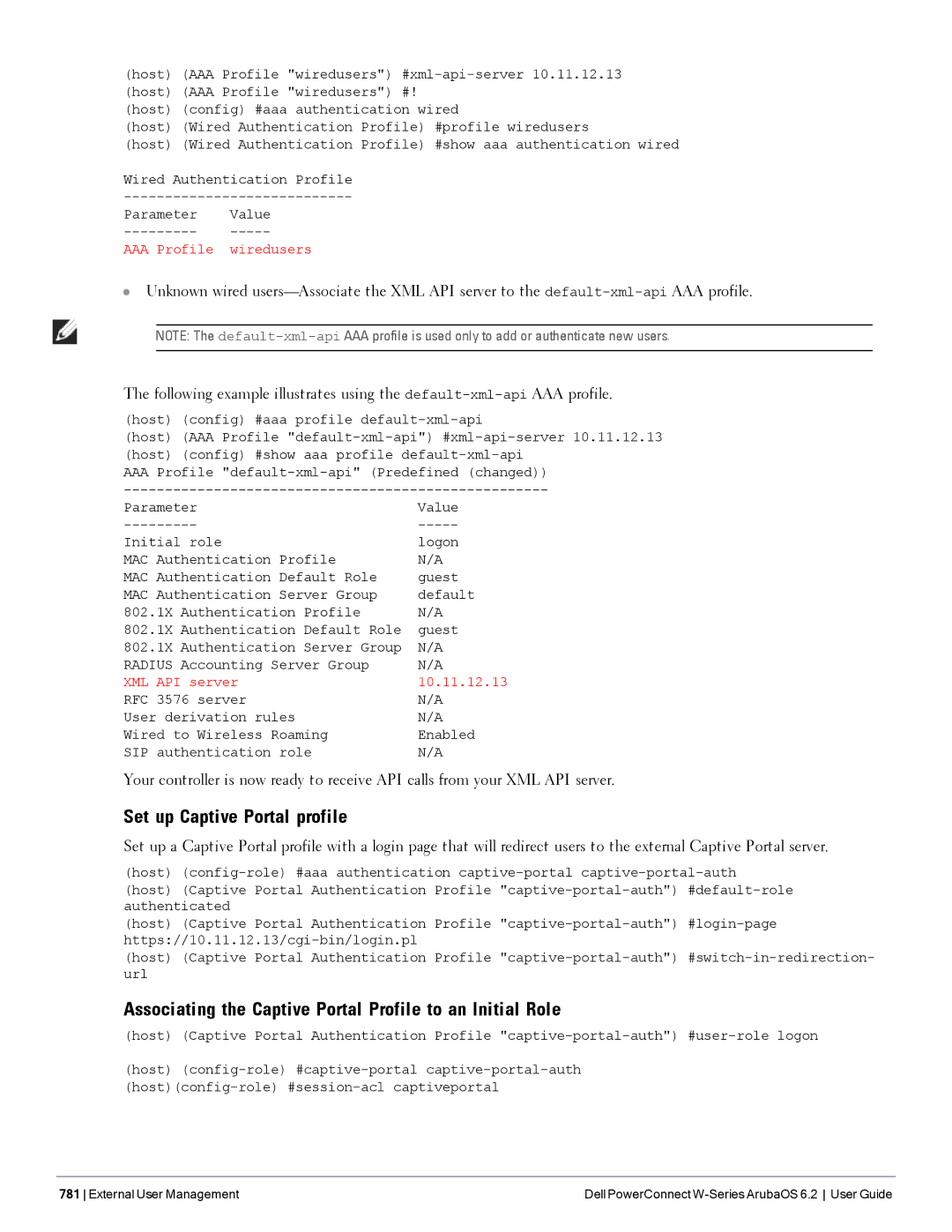 Dell 6.2 manual Set up Captive Portal profile, Associating the Captive Portal Profile to an Initial Role 