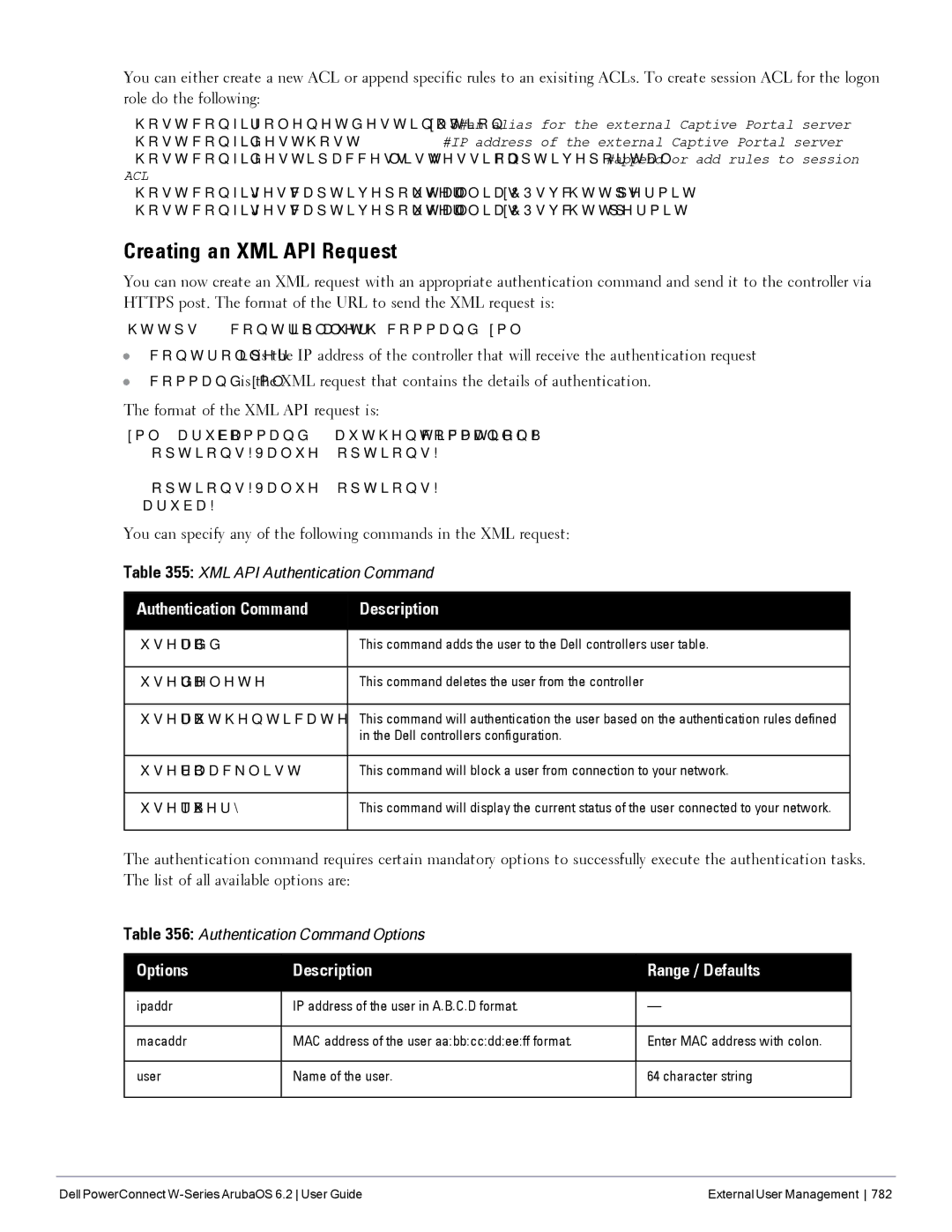 Dell 6.2 manual Creating an XML API Request, Authentication Command Description, Options Description Range / Defaults 