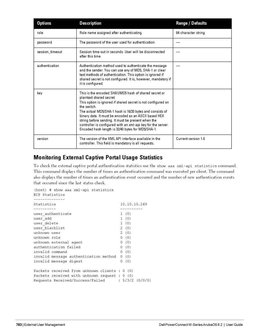 Dell 6.2 manual Monitoring External Captive Portal Usage Statistics 