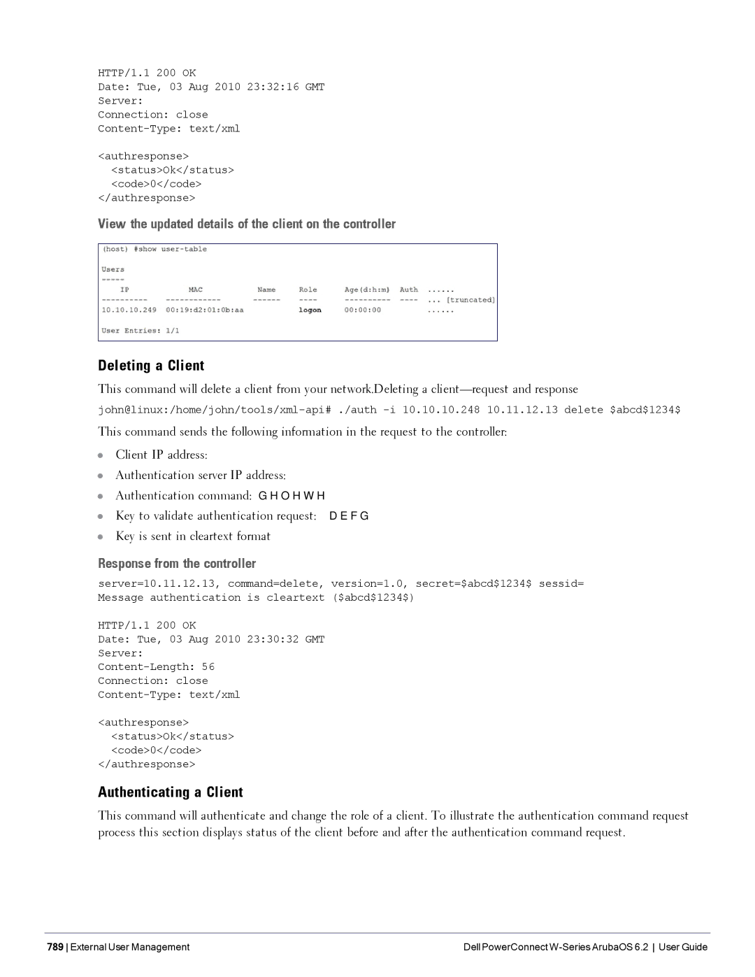 Dell 6.2 manual Deleting a Client, Authenticating a Client, View the updated details of the client on the controller 