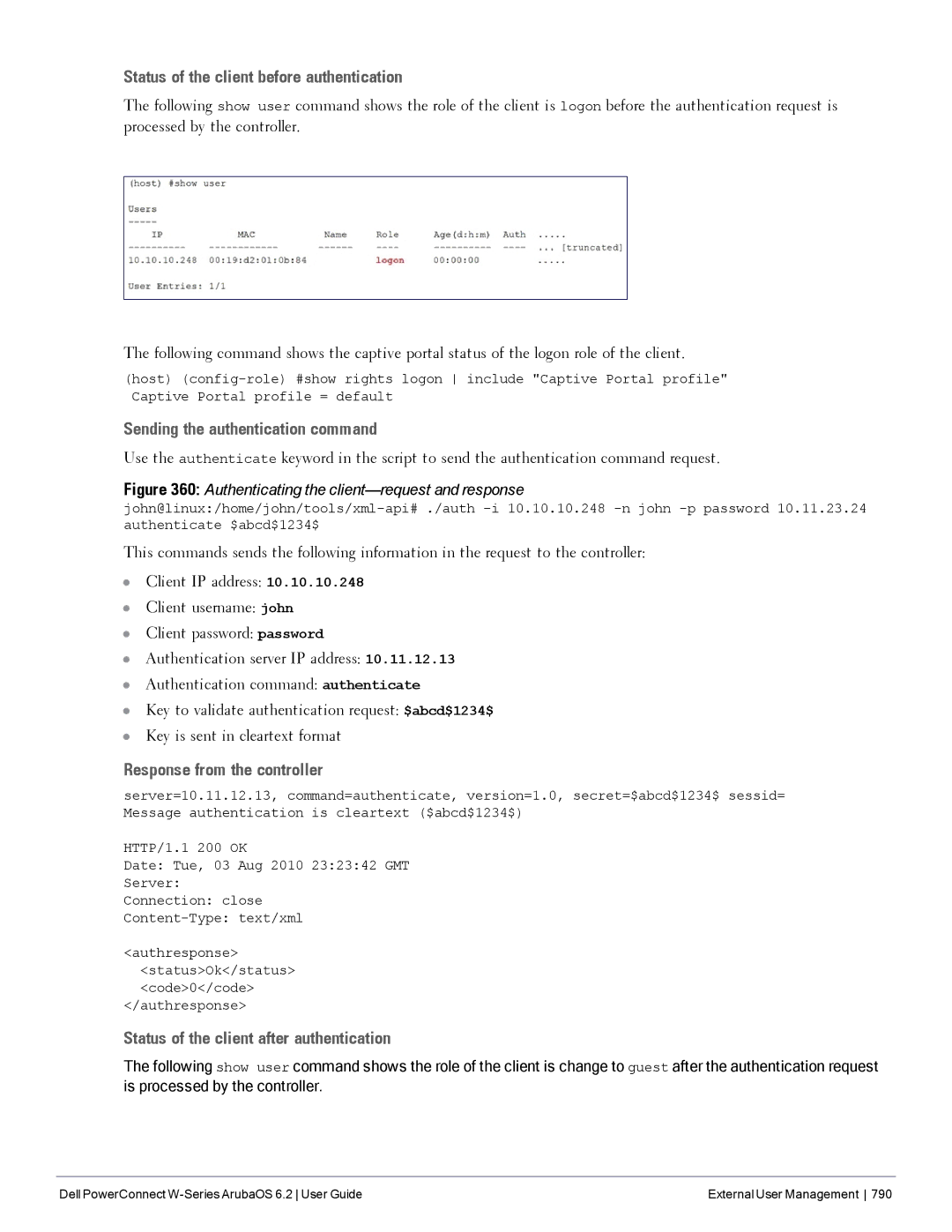 Dell 6.2 manual Status of the client before authentication, Sending the authentication command 