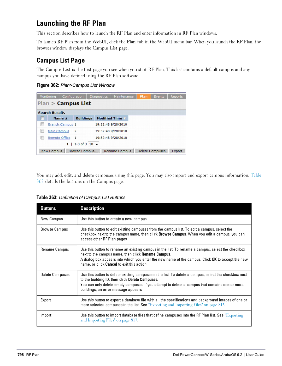 Dell 6.2 manual Launching the RF Plan, Campus List, Buttons Description 