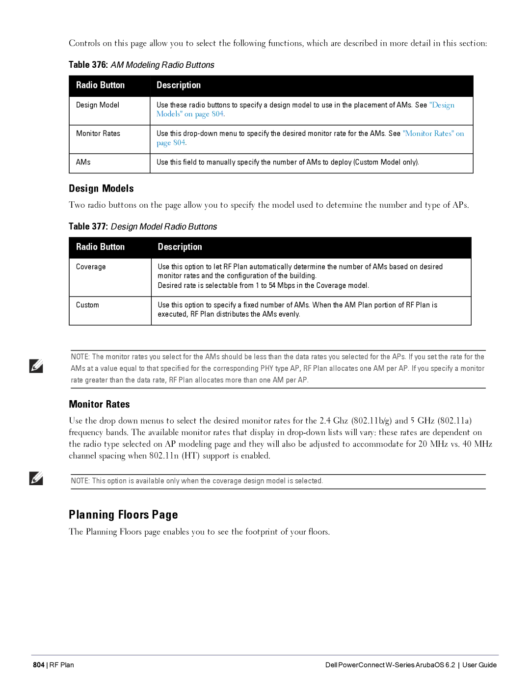 Dell 6.2 manual Planning Floors, Design Models, Monitor Rates, Radio Button Description 