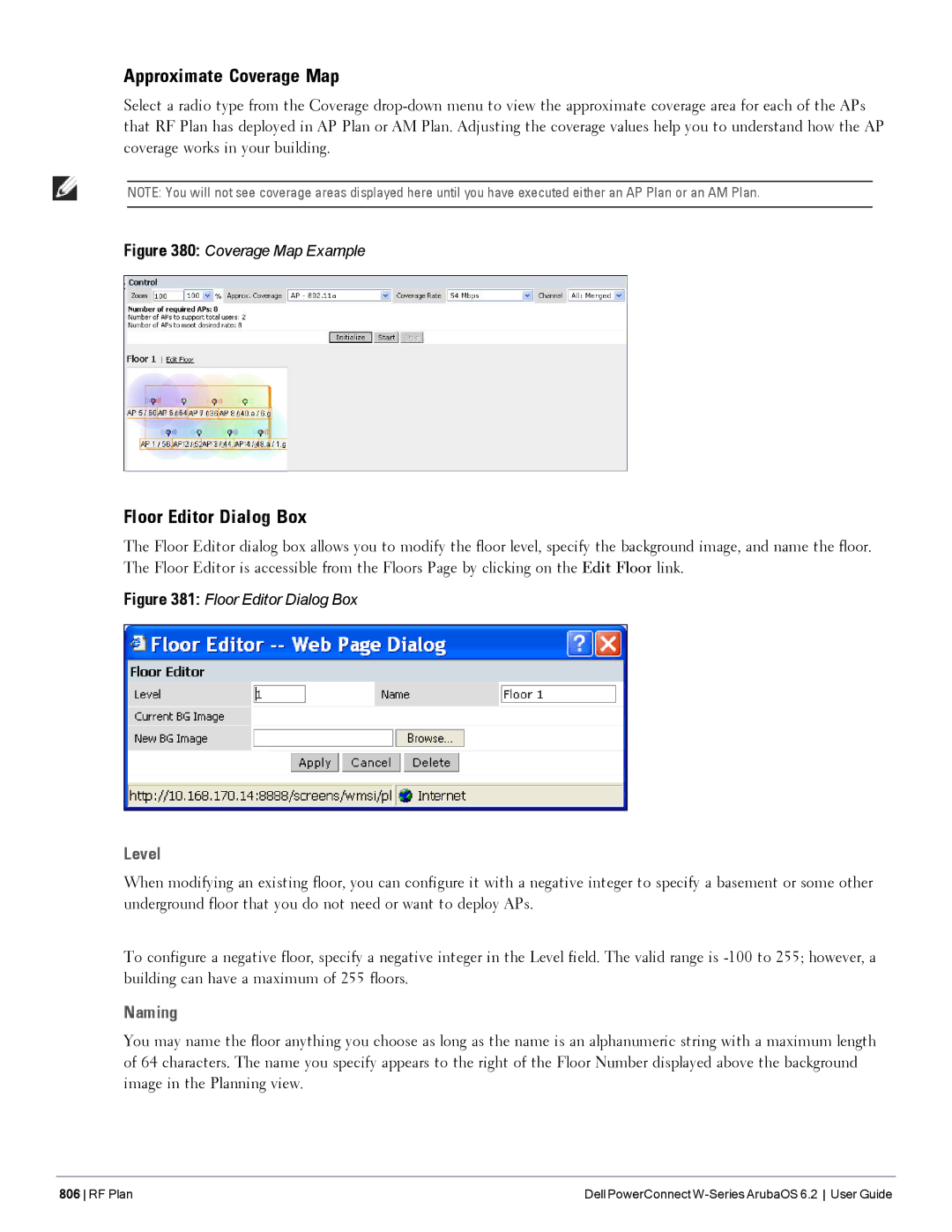 Dell 6.2 manual Approximate Coverage Map, Floor Editor Dialog Box, Level, Naming 