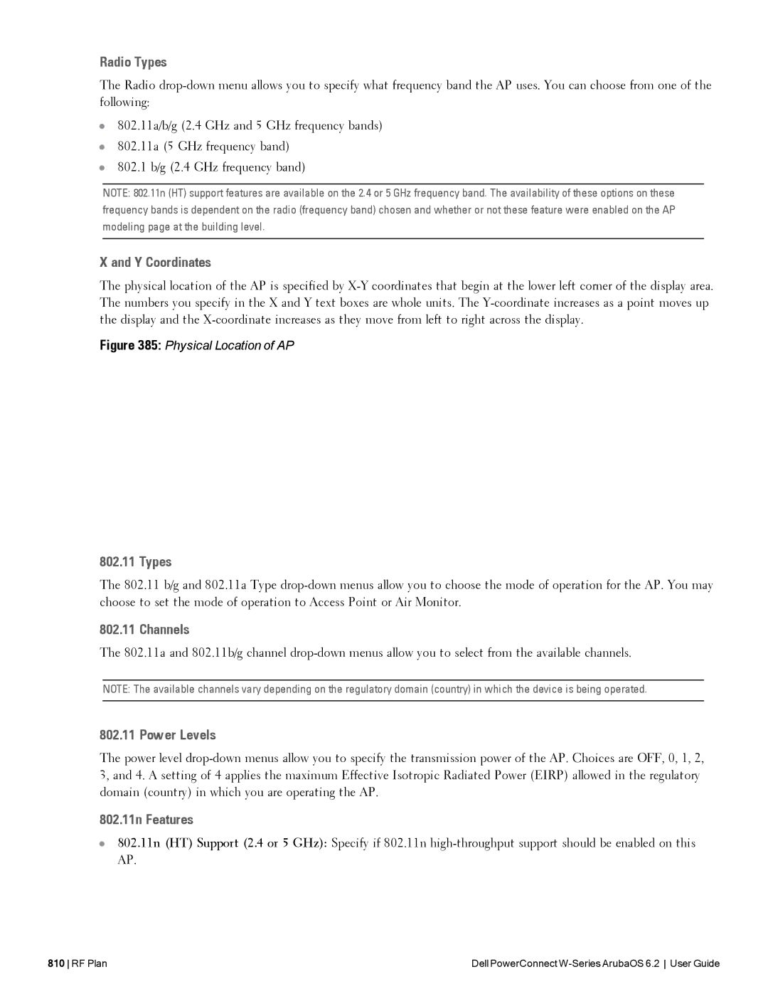 Dell 6.2 manual Radio Types, Y Coordinates, Channels, Power Levels, 802.11n Features 