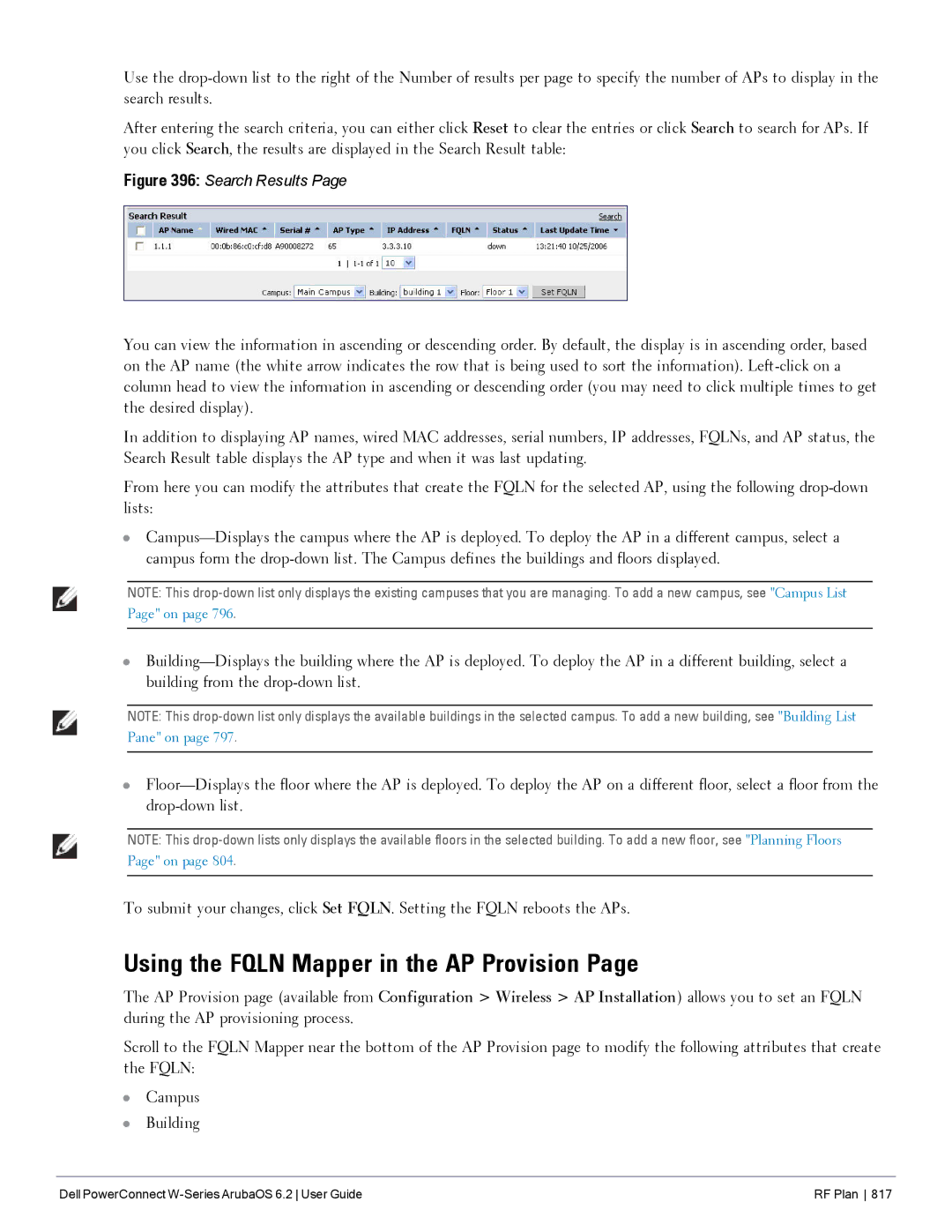 Dell 6.2 manual Using the Fqln Mapper in the AP Provision, Search Results 