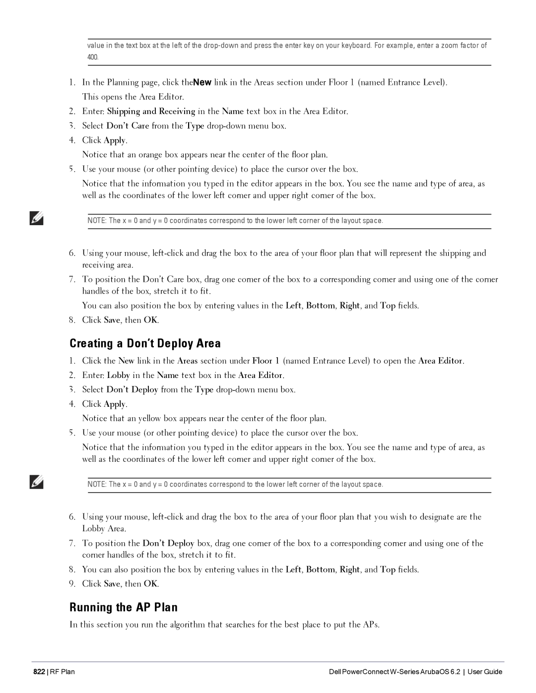 Dell 6.2 manual Creating a Don’t Deploy Area, Running the AP Plan 