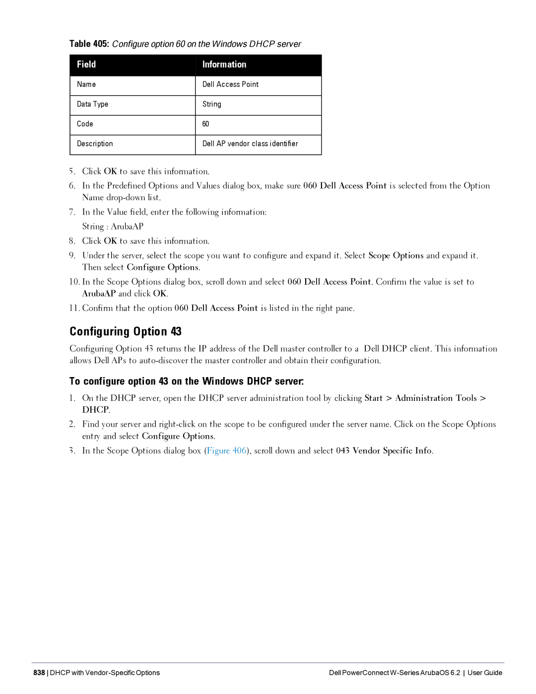 Dell 6.2 manual To configure option 43 on the Windows Dhcp server, Field Information 