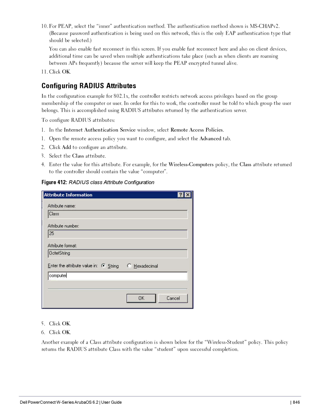 Dell 6.2 manual Configuring Radius Attributes, Radius class Attribute Configuration 