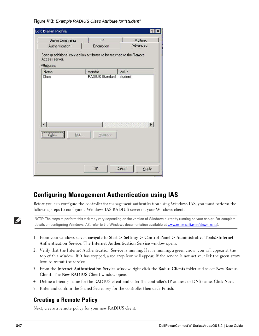 Dell 6.2 manual Configuring Management Authentication using IAS, Creating a Remote Policy 