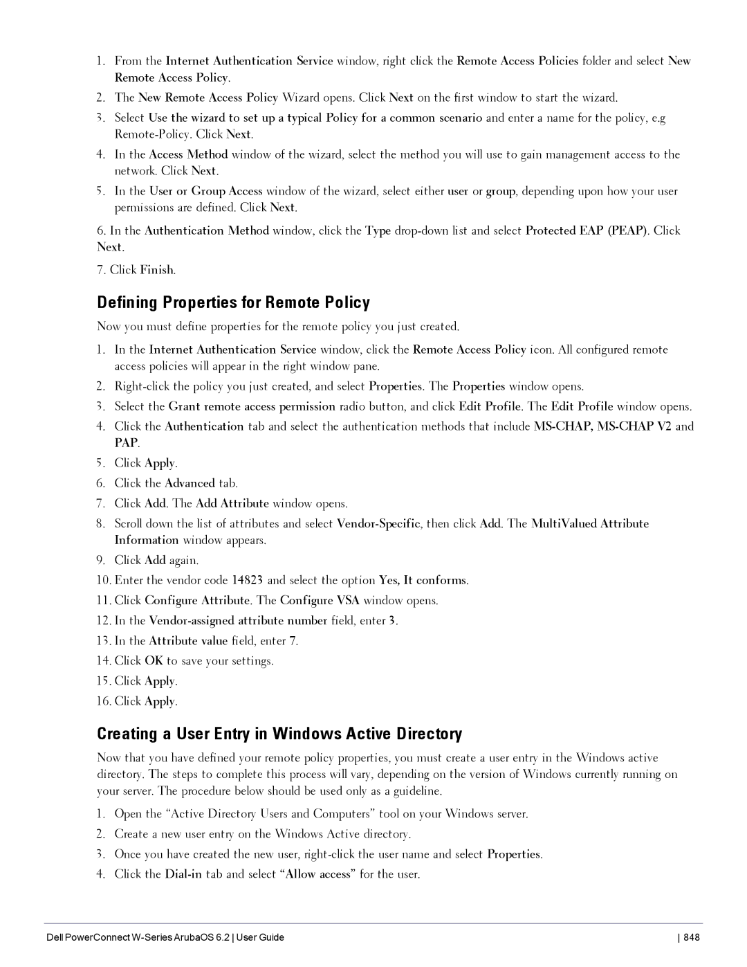 Dell 6.2 manual Defining Properties for Remote Policy, Creating a User Entry in Windows Active Directory 