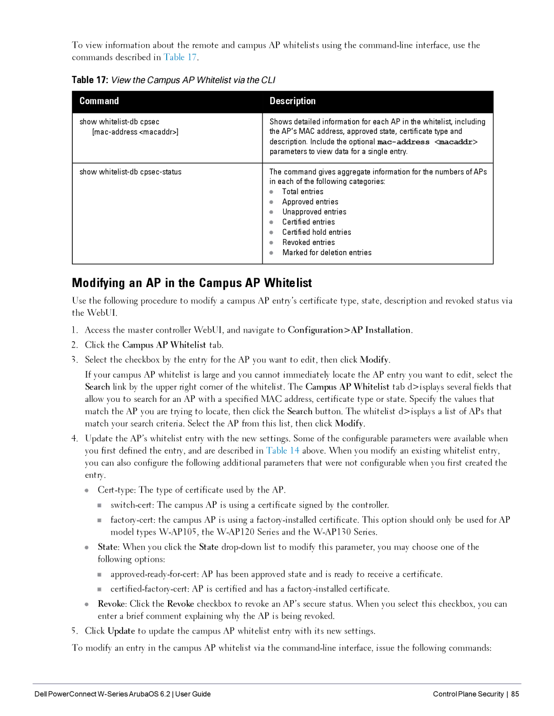 Dell 6.2 manual Modifying an AP in the Campus AP Whitelist, Command Description, Click the Campus AP Whitelist tab 