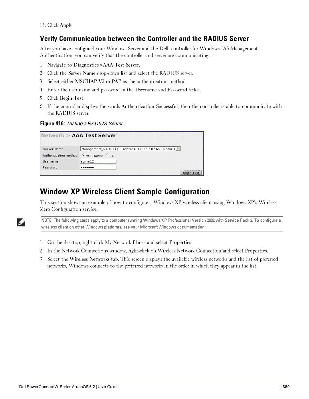 Dell 6.2 manual Window XP Wireless Client Sample Configuration, Navigate to DiagnosticsAAA Test Server, Click Begin Test 