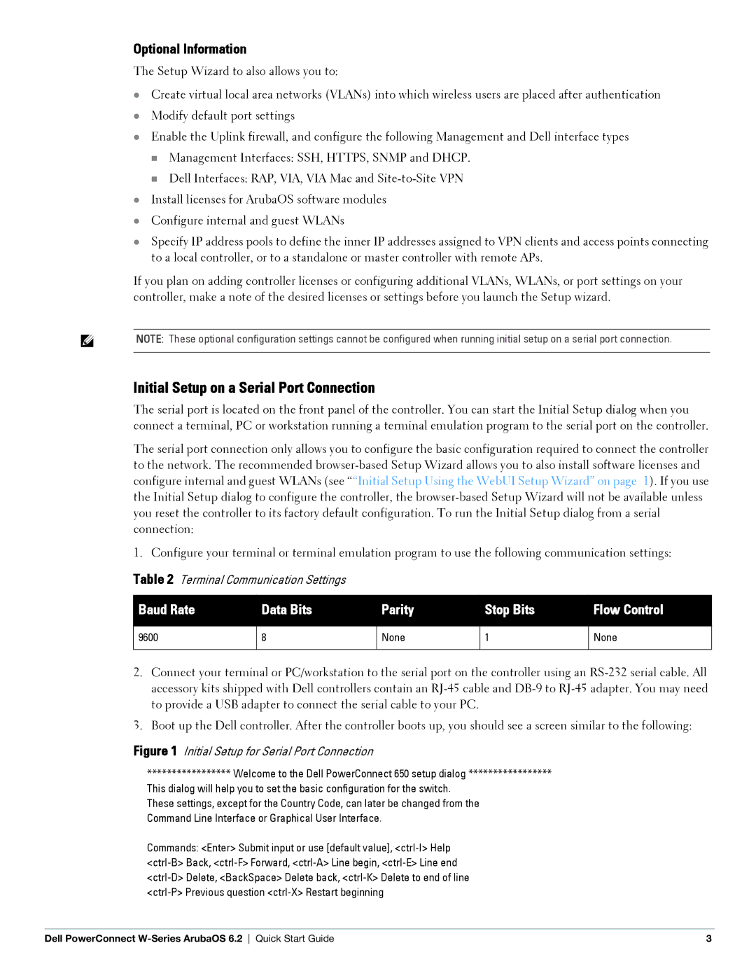 Dell 6.2 quick start Initial Setup on a Serial Port Connection, Baud Rate Data Bits Parity Stop Bits Flow Control, None 