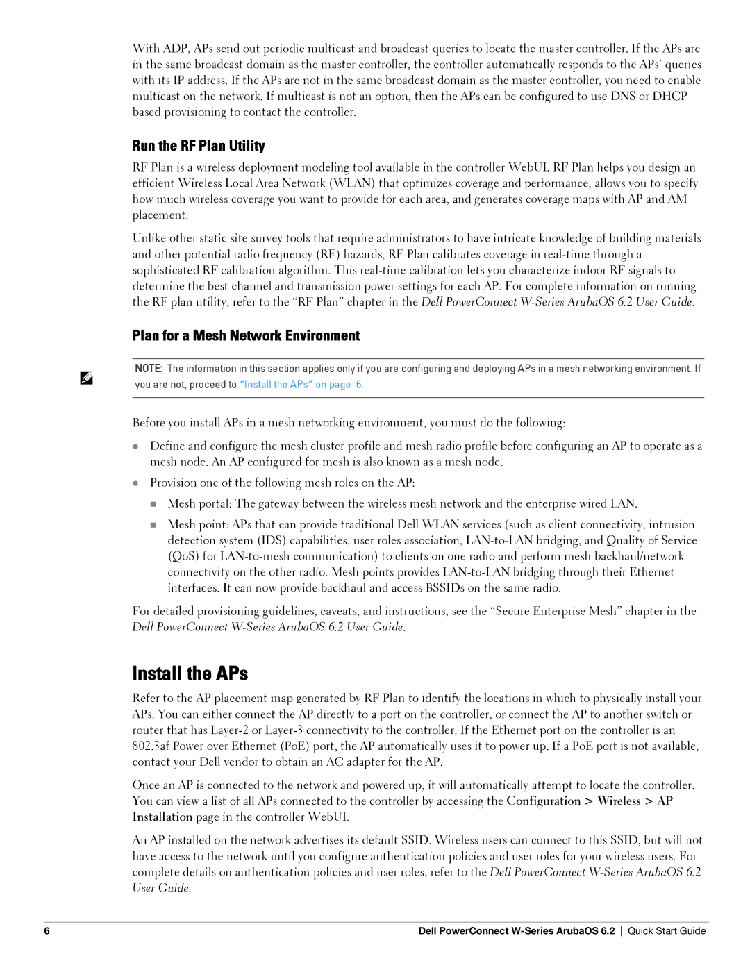 Dell 6.2 quick start Install the APs, Run the RF Plan Utility, Plan for a Mesh Network Environment 