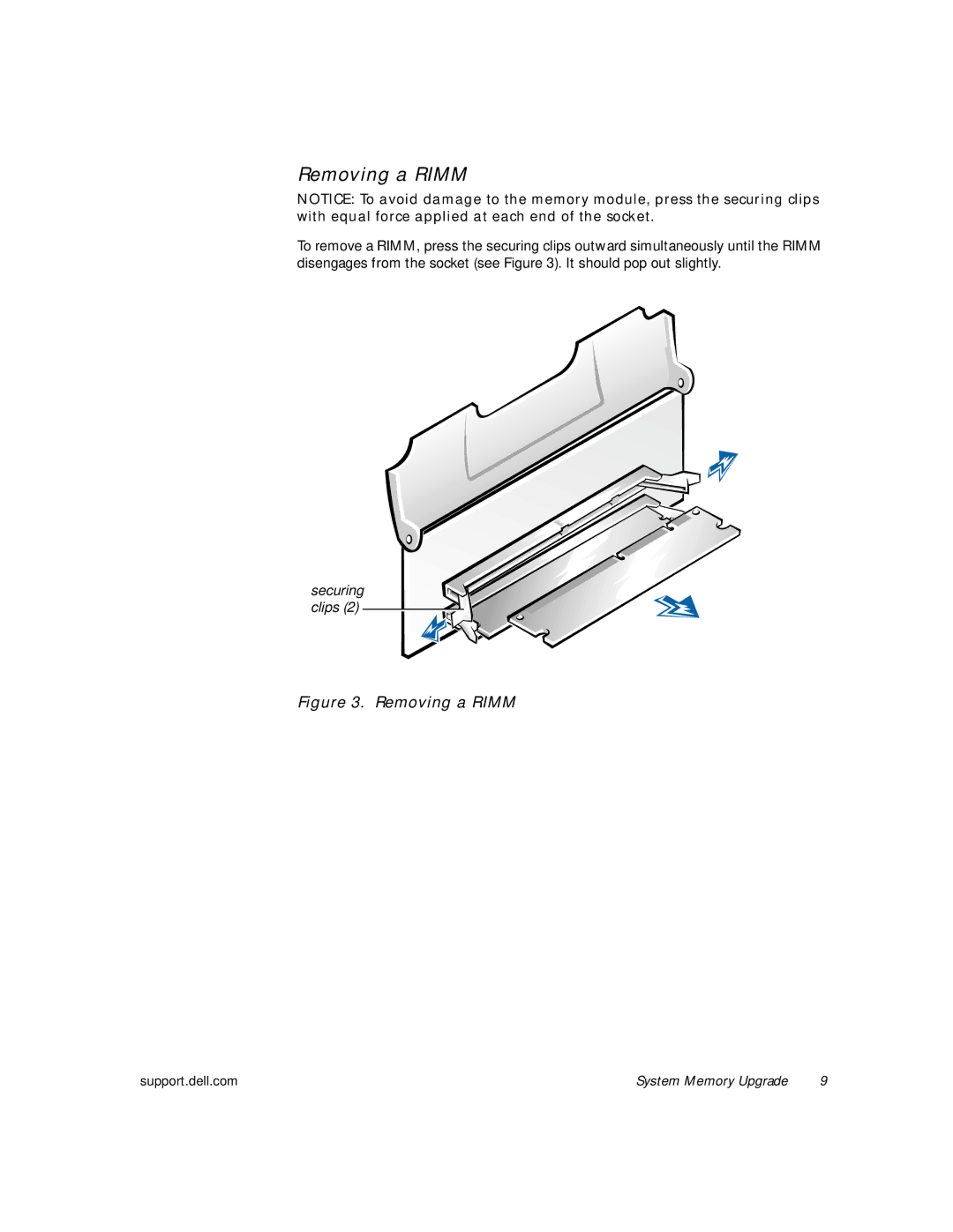 Dell 620 manual Removing a Rimm, Securing clips 