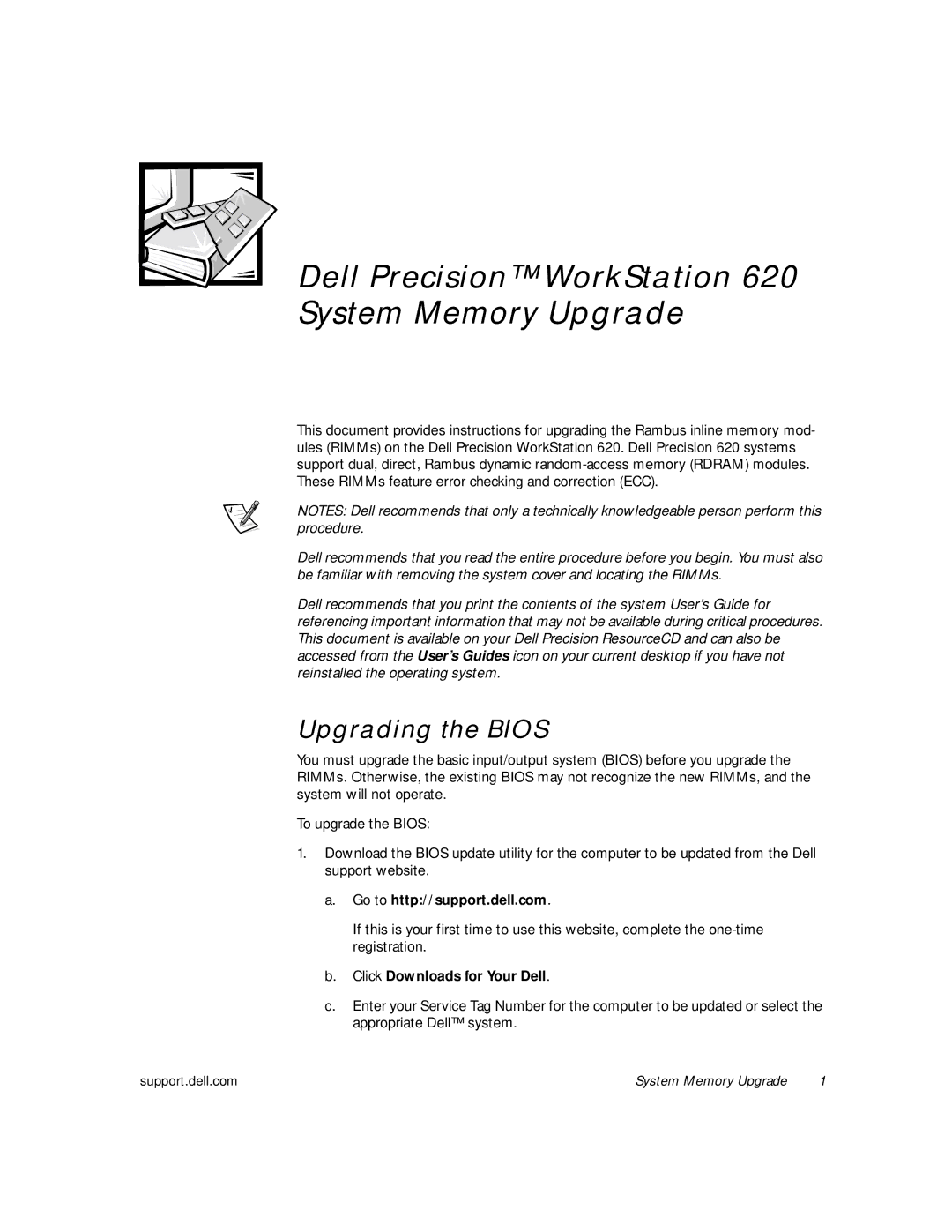 Dell 620 manual Dell Precision WorkStation System Memory Upgrade 