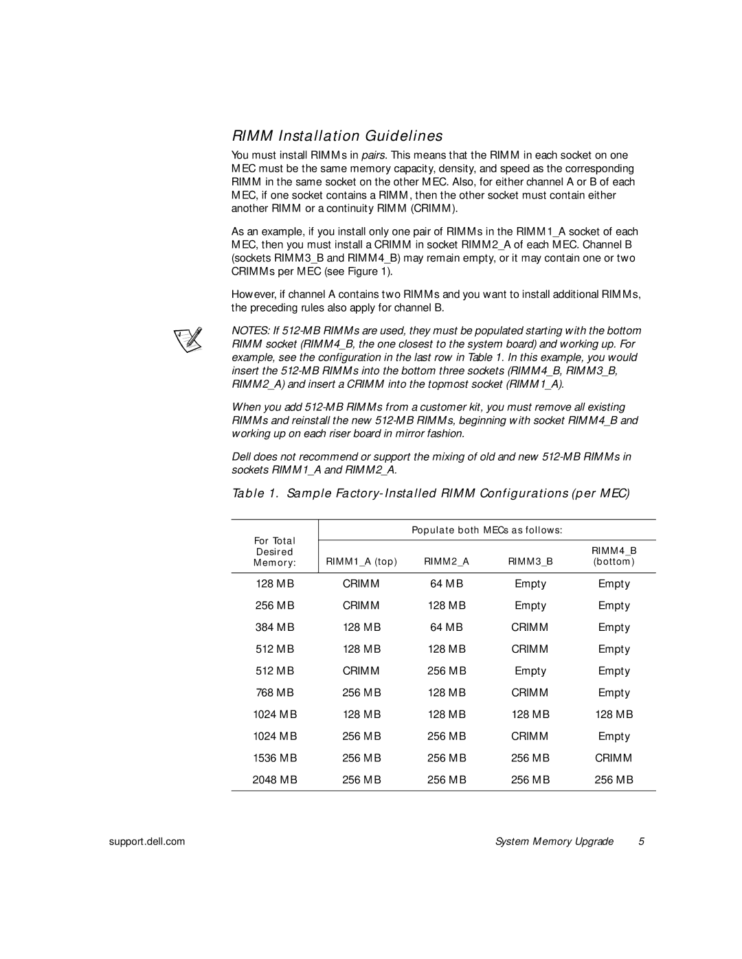 Dell 620 manual Rimm Installation Guidelines, Sample Factory-Installed Rimm Configurations per MEC 