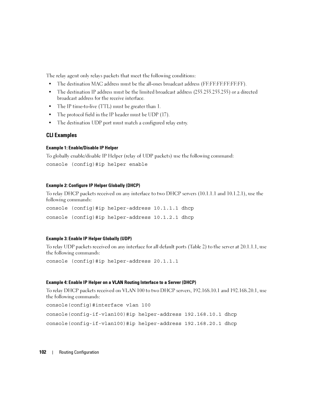 Dell 6200 SERIES manual Example 1 Enable/Disable IP Helper, Example 2 Configure IP Helper Globally Dhcp, 102 