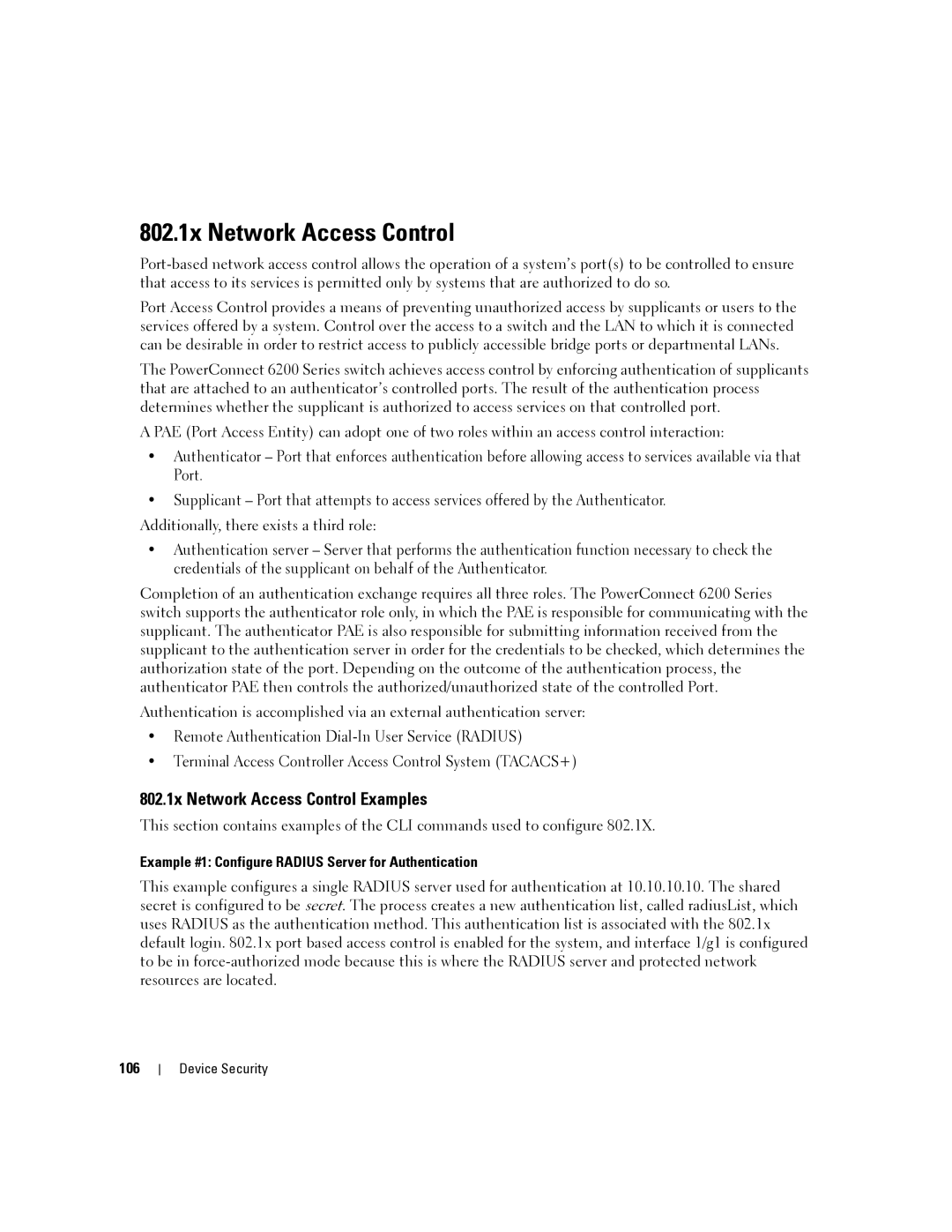 Dell 6200 SERIES 802.1x Network Access Control Examples, Example #1 Configure Radius Server for Authentication, 106 