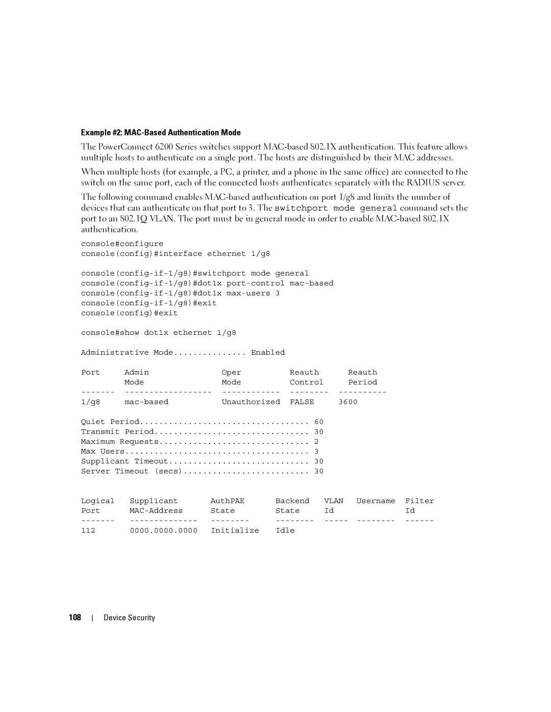 Dell 6200 SERIES manual Example #2 MAC-Based Authentication Mode, 108 