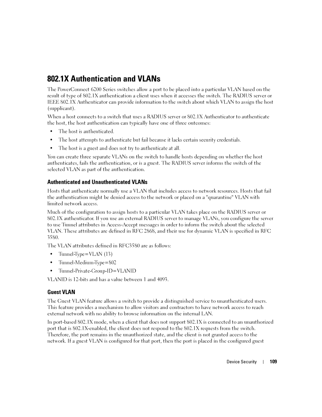 Dell 6200 SERIES manual 802.1X Authentication and VLANs, Authenticated and Unauthenticated VLANs, Guest Vlan, 109 