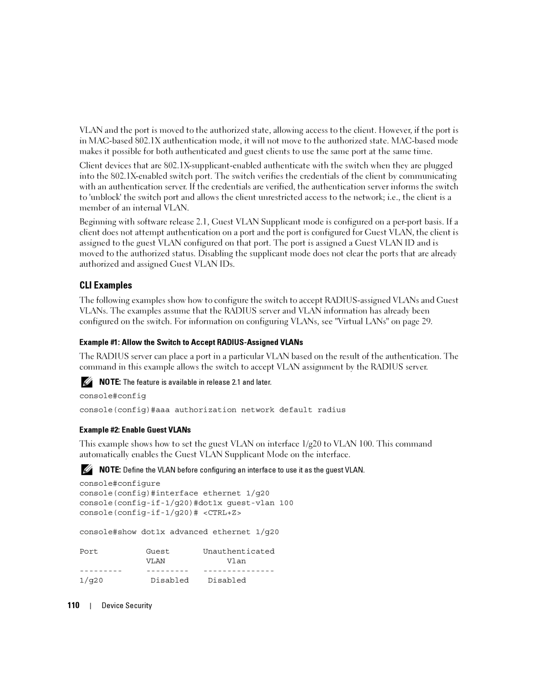 Dell 6200 SERIES manual Example #1 Allow the Switch to Accept RADIUS-Assigned VLANs, Example #2 Enable Guest VLANs, 110 