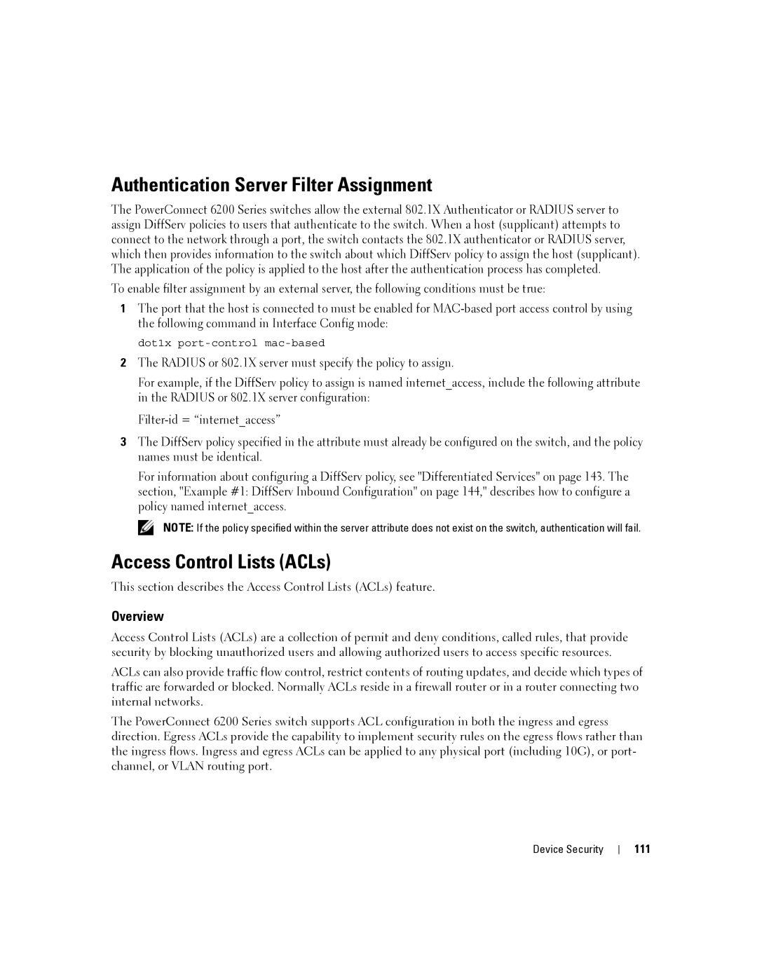 Dell 6200 SERIES manual Authentication Server Filter Assignment, Access Control Lists ACLs, 111 