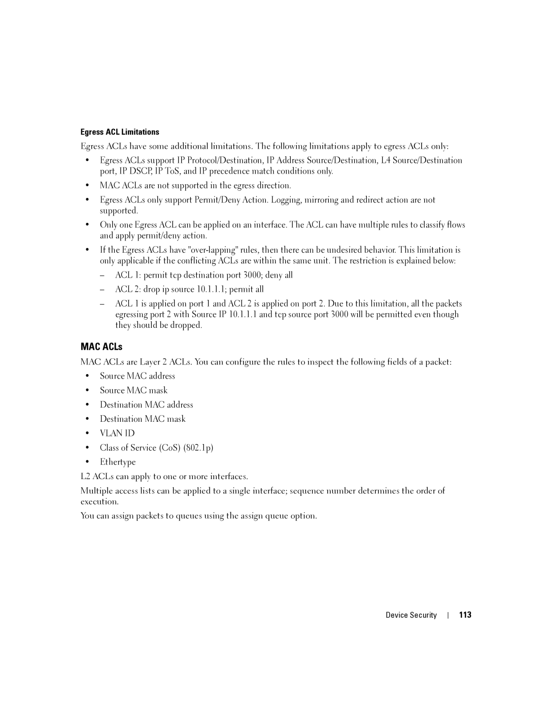 Dell 6200 SERIES manual MAC ACLs, Egress ACL Limitations, 113 