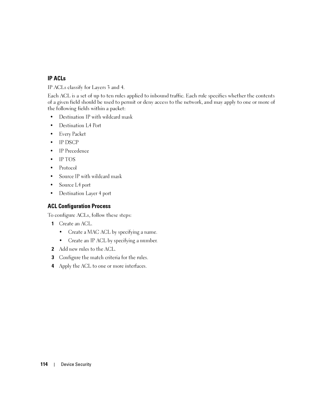 Dell 6200 SERIES manual IP ACLs, ACL Configuration Process, 114 