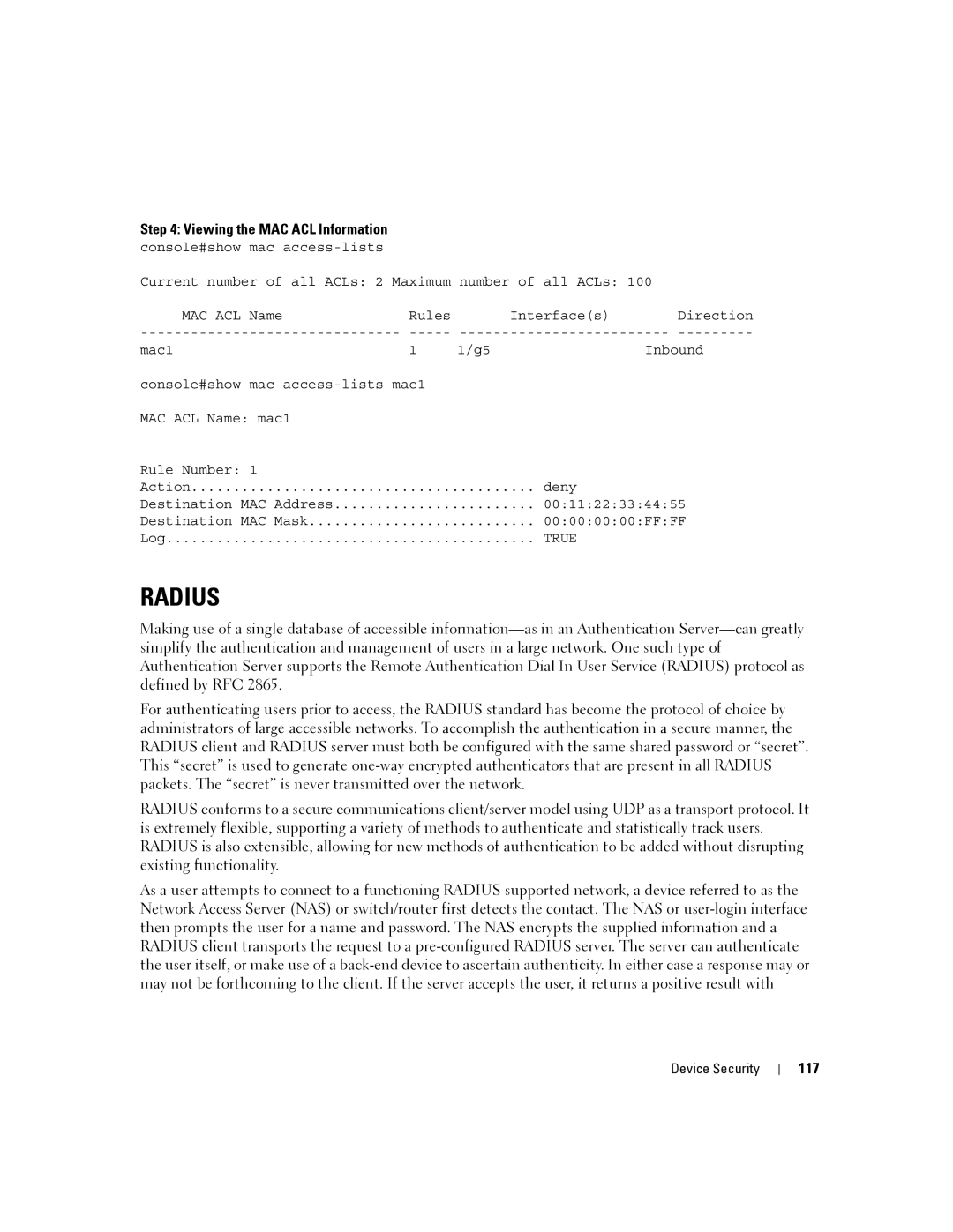 Dell 6200 SERIES manual Viewing the MAC ACL Information, 117 