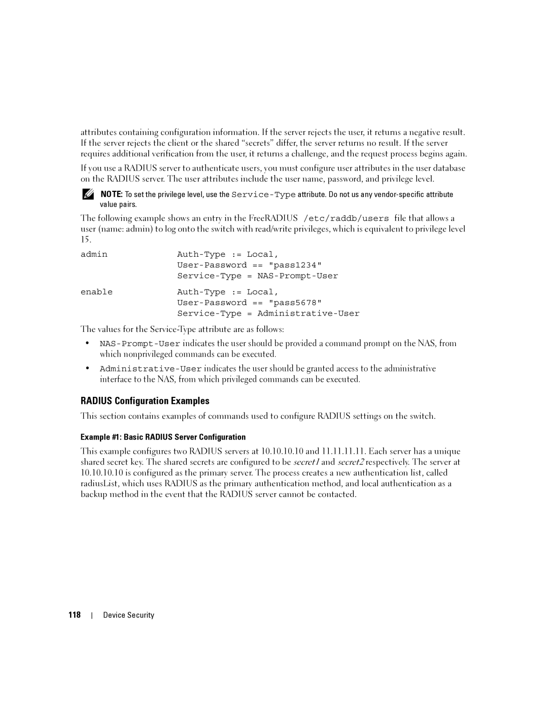 Dell 6200 SERIES manual Radius Configuration Examples, Example #1 Basic Radius Server Configuration, 118 