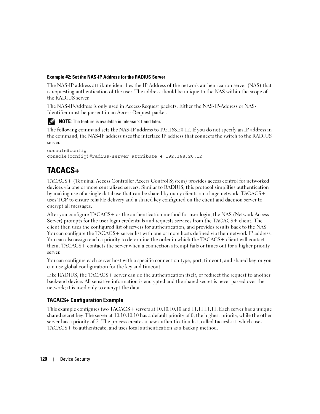 Dell 6200 SERIES manual TACACS+ Configuration Example, Example #2 Set the NAS-IP Address for the Radius Server, 120 