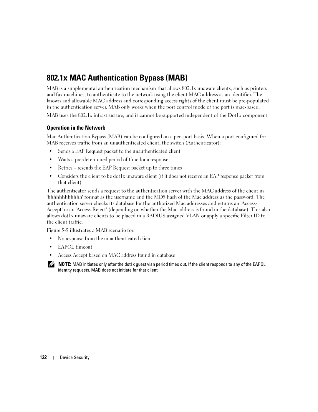 Dell 6200 SERIES manual 802.1x MAC Authentication Bypass MAB, Operation in the Network, 122 