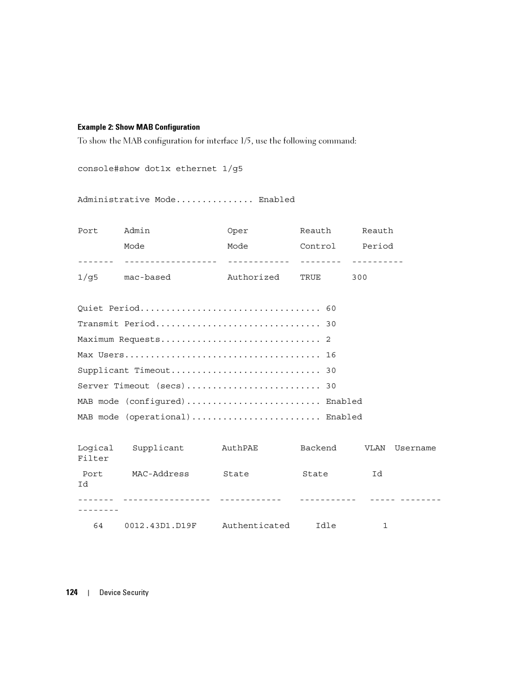 Dell 6200 SERIES manual Example 2 Show MAB Configuration, 124 